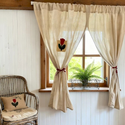 Rideau Brise-Bise Tulipe Appliquée, Tissu Coton-Lin, Esprit Maison de Campagne