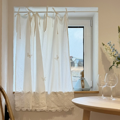 Rideau Brise-Bise à Papillons Brodés, Coton Blanc, Finition Dentelle