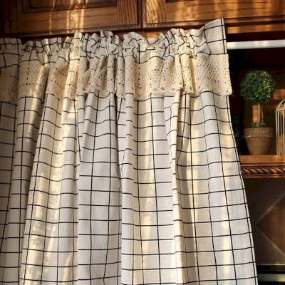 Rideau Brise-Bise à Carreaux, Tissu en Coton Naturel, Bande en Dentelle Crochetée