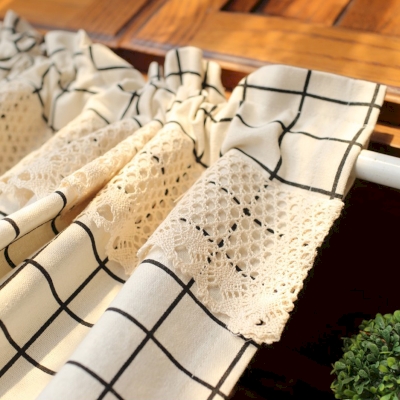 Rideau Brise-Bise à Carreaux, Tissu en Coton Naturel, Bande en Dentelle Crochetée