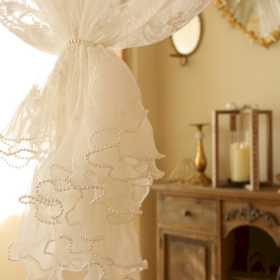 Rideau Brise-Bise en Dentelle Brodée, Voilage Rétro Français pour Arche, Finition Perlée