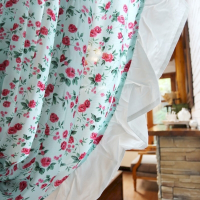 Floral Cafe Curtain in English Cottage Style, Cotton-Polyester Chenille, White Ruffled Finish