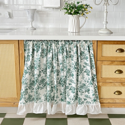 Rideau Brise-Bise Forêt Verte, Motif Floral Rétro, Coton Naturel, Finition Volantée