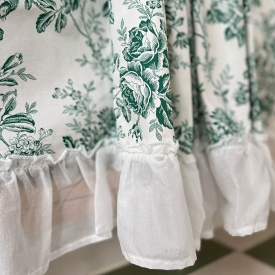 Rideau Brise-Bise Forêt Verte, Motif Floral Rétro, Coton Naturel, Finition Volantée