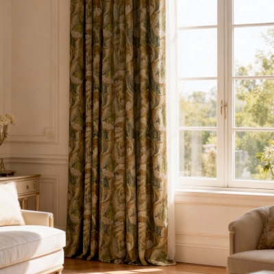 Rideau Sur Mesure AURÉLIS, Tissu Velours Laine Alpaga, Grand Motif Feuillage Artistique