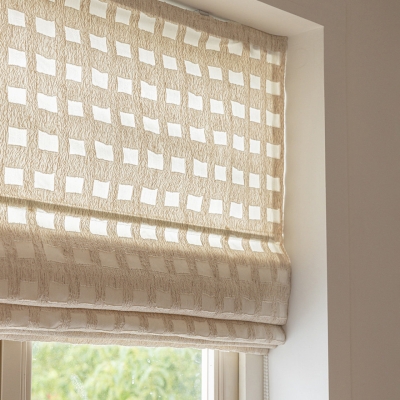 Custom Roman Shade with Linen Effect, Openwork Geometric Square Pattern