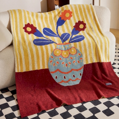 Plaid VASIA, Tricot Jacquard Doux, Motif Vase Fleuri Graphique à Rayures Vintage, 130 × 160 cm
