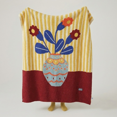 Plaid VASIA, Tricot Jacquard Doux, Motif Vase Fleuri Graphique à Rayures Vintage, 130 × 160 cm