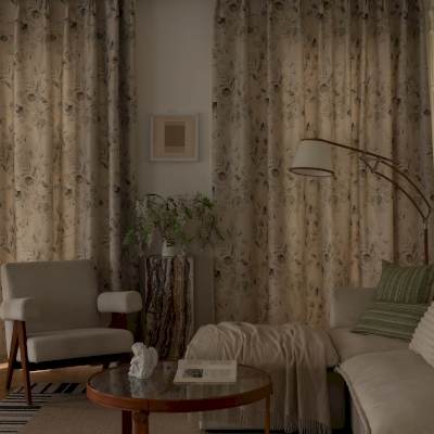 SYLVÉA Custom-Made Curtain, Cotton-Linen Feel Fabric, Ornamental Botanical Print Inspired by Decorative Arts