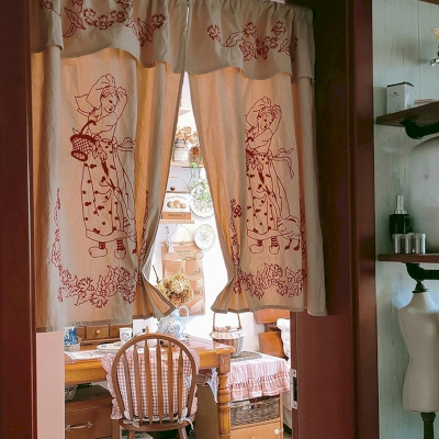 Rideau Brise-Bise Brodé, Motif Fille et Oie, Tissu Coton-Lin Lavé, Esprit Campagne Vintage