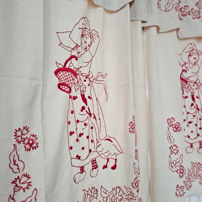 Rideau Brise-Bise Brodé, Motif Fille et Oie, Tissu Coton-Lin Lavé, Esprit Campagne Vintage