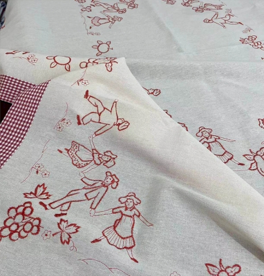 Vintage Embroidered Tablecloth, Natural Cotton, Countryside Character Motifs and Red Gingham Border