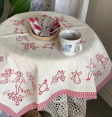 Vintage Embroidered Tablecloth, Natural Cotton, Countryside Character Motifs and Red Gingham Border