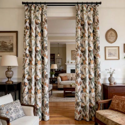 Rideau Sur Mesure VERDANIA, Étoffe Imprimée Aspect Coton-Lin, Motif Végétal et Oiseaux Stylisés