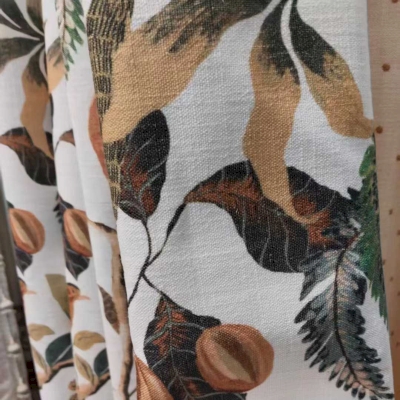 Rideau Sur Mesure VERDANIA, Étoffe Imprimée Aspect Coton-Lin, Motif Végétal et Oiseaux Stylisés