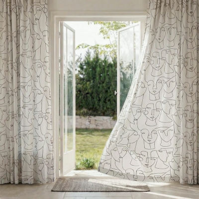 Rideau Sur Mesure LUCERIA, Tissu Brodé Aspect Coton-Lin, Motif Visages Graphiques Noir et Écru