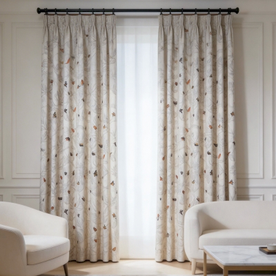 Tenda su misura ALVÉRIA, tessuto effetto lino ricamato, motivo farfalle e vegetazione