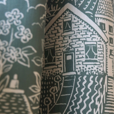 Rideau Sur Mesure VERDORIA, Tissu Imprimé Coton Mélangé, Décor Paysage Champêtre Esprit Toile de Jouy