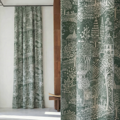 Rideau Sur Mesure VERDORIA, Tissu Imprimé Coton Mélangé, Décor Paysage Champêtre Esprit Toile de Jouy