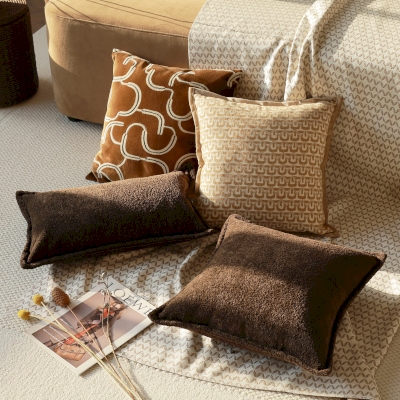MEMPHIS Cushion, Jacquard Fabric in Chiseled Velvet, Soft Chenille, Mocha Shades
