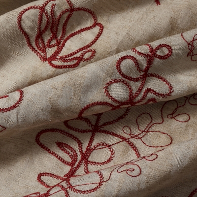 HERBÉLINE Custom-Made Curtain, Embroidered Cotton and Linen Fabric, Red Linear Floral Pattern
