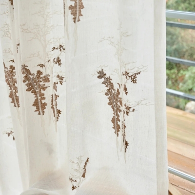 SYLVÉANE Custom-Made Sheer Curtain, Linen-Effect Fabric with Embroidered Botanical Motif