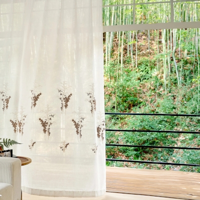 SYLVÉANE Custom-Made Sheer Curtain, Linen-Effect Fabric with Embroidered Botanical Motif
