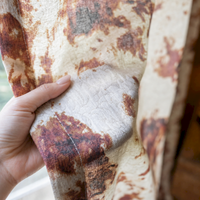 TERRALIA Custom-Made Curtain, Cotton and Linen Jacquard Fabric, Embossed Flowers and Terracotta Print